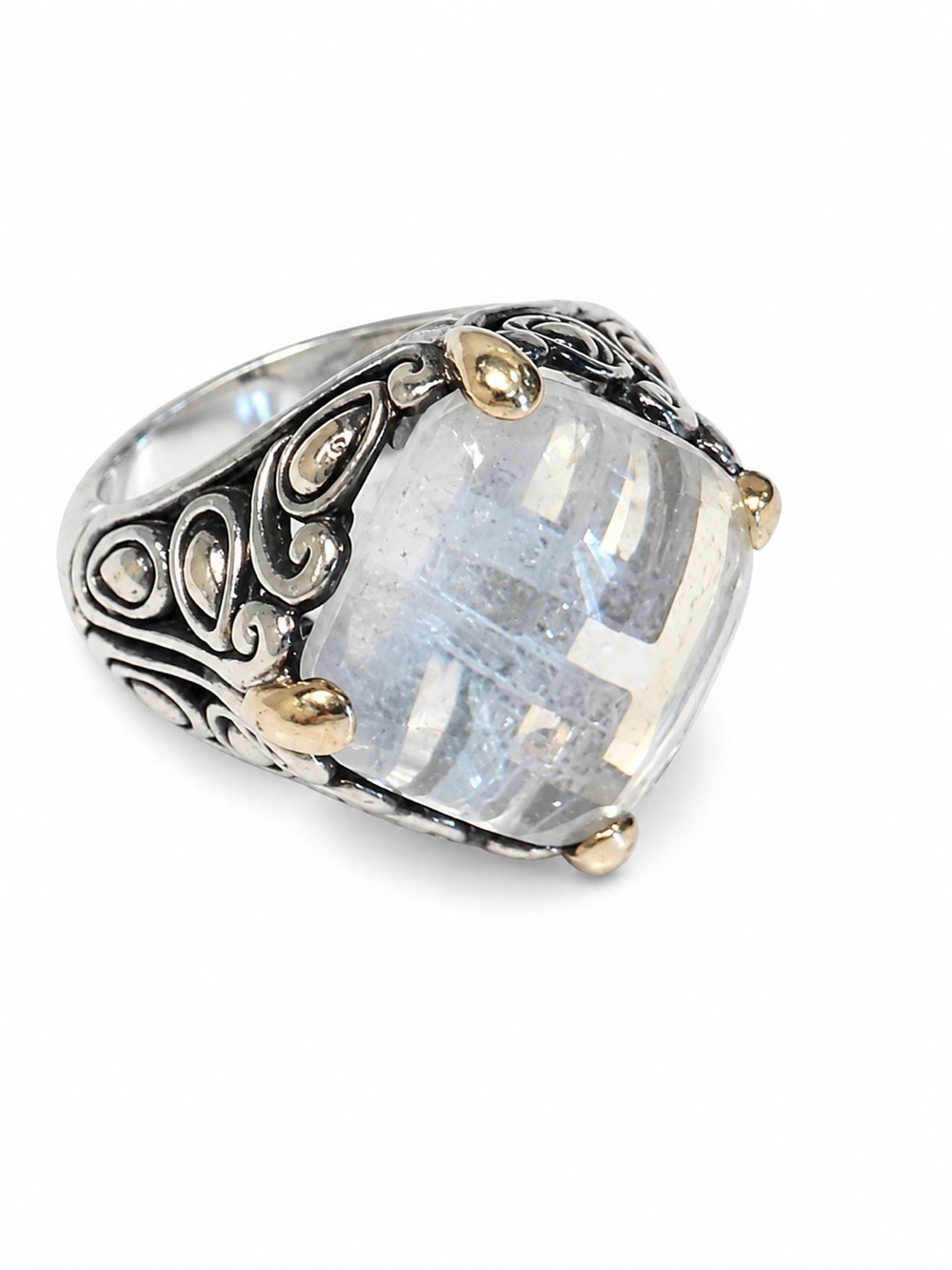 John Hardy 925 Sterling Silver 18K Gold Checkerboard Quartz Ring